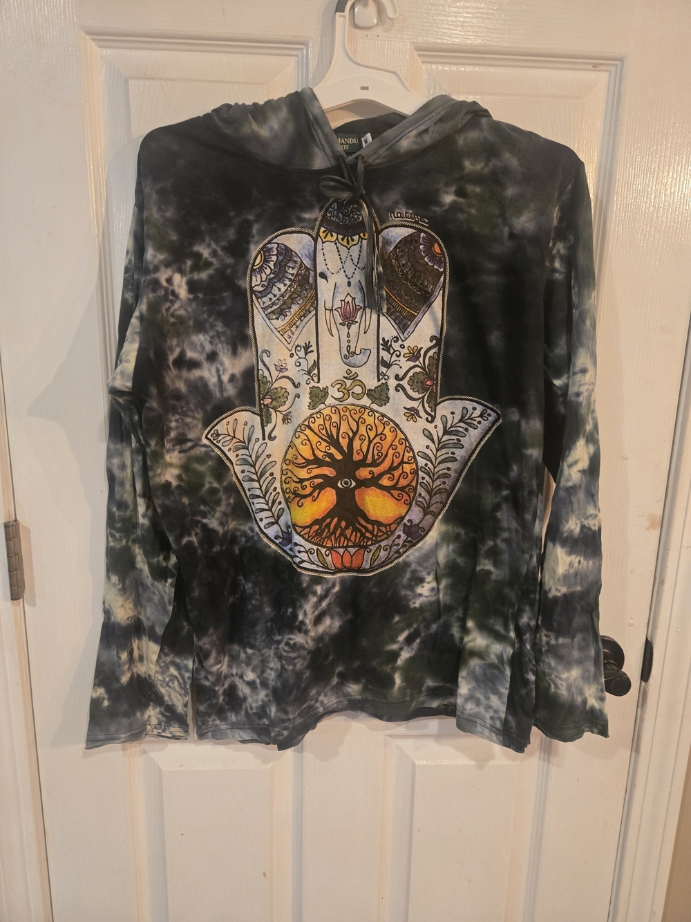 TWO Tie-Dye BOHO HAMSA YOGA Graphic Hoodie - Black & Green & Blue